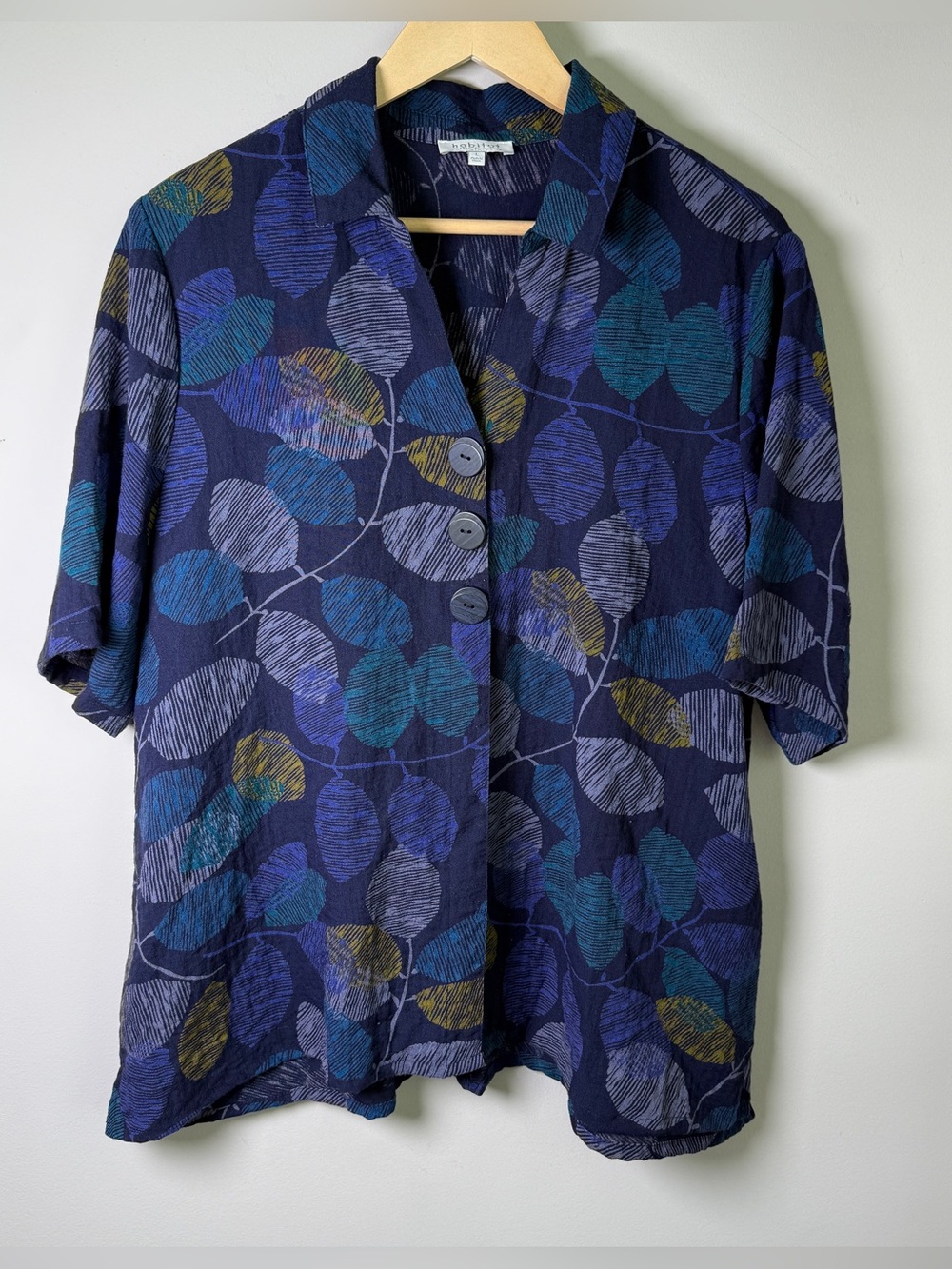 Habitat Clothes to Live In Leaf Print Button Front Top Navy Cottagecore Artsy L